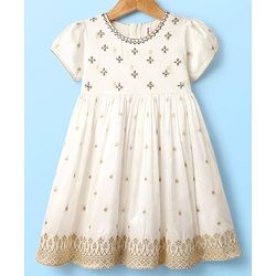 Babyhug Woven Half Sleeves Ethnic Dress With Floral Embriodery - White