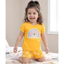 Babyhug Cotton Knit Half Sleeves Shorts Night Suit With Floral Print - Yellow