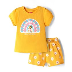 Babyhug Cotton Knit Half Sleeves Shorts Night Suit With Floral Print - Yellow