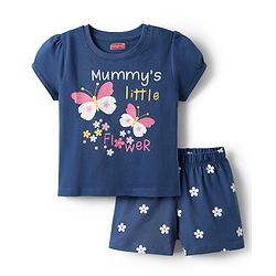 Babyhug Cotton Knit  Half Sleeves Shorts Night Suit with Butterfly Print - Blue