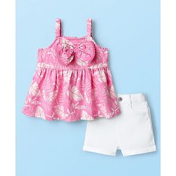 Babyhug Woven Sleeveless Top and Shorts with Tropical Print - Pink