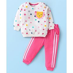 Babyhug Terry Knit Premium Light Gauge Terry Full Sleeves Top & Lounge Pant Set With Polka Dot Print & Lace Detailing - White & Pink