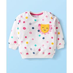 Babyhug Terry Knit Premium Light Gauge Terry Full Sleeves Top & Lounge Pant Set With Polka Dot Print & Lace Detailing - White & Pink