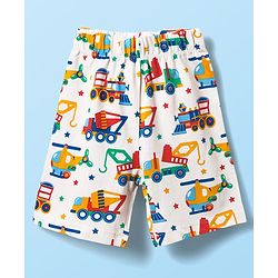 Babyhug Cotton Knit Half Sleeves Co-ords Shorts Night Suit With Vehicle Print - White