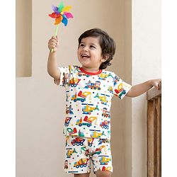 Babyhug Cotton Knit Half Sleeves Co-ords Shorts Night Suit With Vehicle Print - White