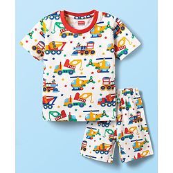Babyhug Cotton Knit Half Sleeves Co-ords Shorts Night Suit With Vehicle Print - White