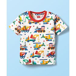 Babyhug Cotton Knit Half Sleeves Co-ords Shorts Night Suit With Vehicle Print - White