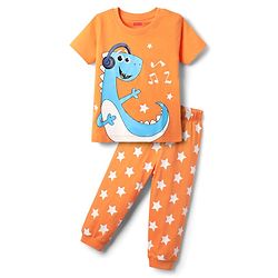 Babyhug Cotton Knit Half Sleeves Night Suit With Dino & Star Print - Orange