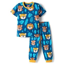 Babyhug Cotton Knit Half Sleeves Co-Ord Night Suit With Animal Print - Blue