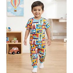 Babyhug Cotton Knit Half Sleeves Co-Ord Night Suit With Vehicle Print - Multicolor