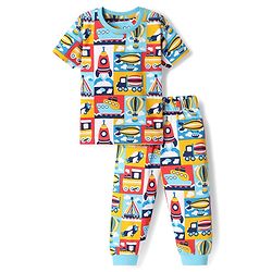 Babyhug Cotton Knit Half Sleeves Co-Ord Night Suit With Vehicle Print - Multicolor