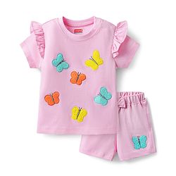 Babyhug Single Jersey Knit Half Sleeves Top & Shorts Set With Butterfly Embriodery - Pink