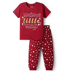 Babyhug Cotton Knit Half Sleeves Night Suit With Star Print - Red