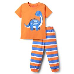 Babyhug Cotton Knit Half Sleeves Night Suit With Stripes & Dino Print - Orange