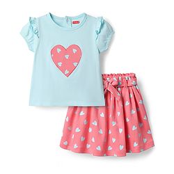 Babyhug Single Jersey Knit Half Sleeves Top & Skirt Set With Belt and Heart Print - Pink