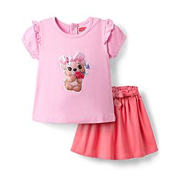 Babyhug Single Jersey Knit Half Sleeves Top & Skirt Set with Belt & Bear Print - Pink