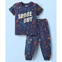 Babyhug Cotton Knit Half Sleeves Night Suit With Space Theme Print - Navy Blue