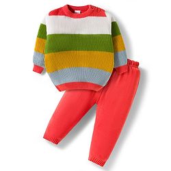Babyhug Knit Full Sleeves Striped Sweater Set with Stripes - Multicolor