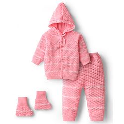 Babyhug Knit Full Raglan Sleeves Front Open Hooded Sweater Set with Booties & Stripes - Pink