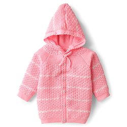 Babyhug Knit Full Raglan Sleeves Front Open Hooded Sweater Set with Booties & Stripes - Pink