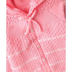 Babyhug Knit Full Raglan Sleeves Front Open Hooded Sweater Set with Booties & Stripes - Pink
