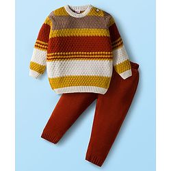 Babyhug Knit Full Sleeves Pullover Sweater & Pant Set with Color Block Design - Mustard & Brown