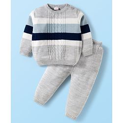 Babyhug Knit Full Sleeves Sweater Set with Stripes & Cable Knit Design - Grey & Light Blue