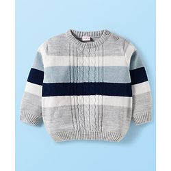 Babyhug Knit Full Sleeves Sweater Set with Stripes & Cable Knit Design - Grey & Light Blue