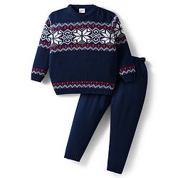 Babyhug Knit Full Sleeves Pullover Sweater & Pant Set with Fair Isle Design - Navy Blue
