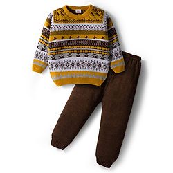 Babyhug Knit Full Sleeves Pullover Sweater & Pant Set with Fair Isle Design - Mustard & Brown