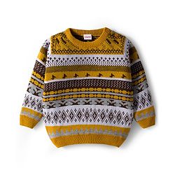 Babyhug Knit Full Sleeves Pullover Sweater & Pant Set with Fair Isle Design - Mustard & Brown