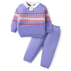 Babyhug Knit Full Sleeves Sweater Set with Design - Lavender