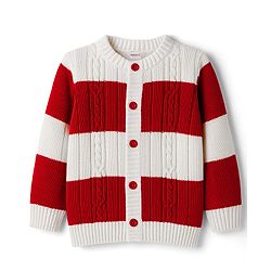 Babyhug Knit Full Sleeves Front Open Sweater With Stripes Design- Red & White