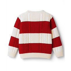 Babyhug Knit Full Sleeves Front Open Sweater With Stripes Design- Red & White