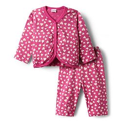 Babyhug Single Jersey Knit Full Sleeves Front Open Hearts Printed Top & Pant Set - Dark Pink