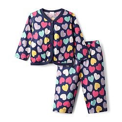 Babyhug Single Jersey Knit Full Sleeves Top & Leggings Co-Ord Set With Heart Print - Navy Blue