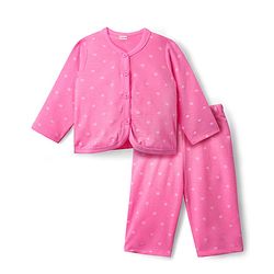 Babyhug Single Jersey Knit Full Sleeves Front Open Polka Dots Printed Top & Pant Set - Dark Pink