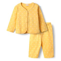 Babyhug Single Jersey Knit Full Sleeves Front Open Top & Lounge Pant Co-Ord Set With Polka Dot Print - Yellow
