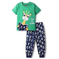 Babyhug Cotton Knit Half Sleeves Night Suit With Text & Animal Print - Green & Navy Blue
