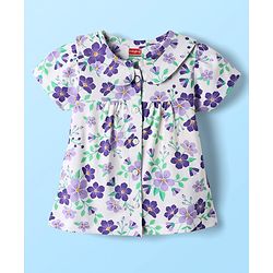 Babyhug Cotton Knit Front Open Half Sleeves Co-ords Night Suit With Floral Print - Blue