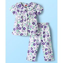 Babyhug Cotton Knit Front Open Half Sleeves Co-ords Night Suit With Floral Print - Blue