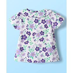Babyhug Cotton Knit Front Open Half Sleeves Co-ords Night Suit With Floral Print - Blue