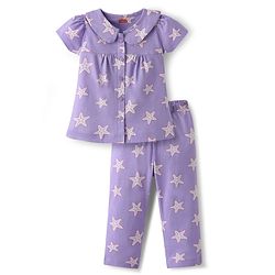 Babyhug Cotton Knit Half Sleeves Co-Ord Night Suit With Star Print - Purple