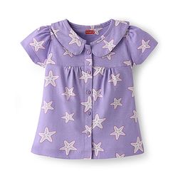 Babyhug Cotton Knit Half Sleeves Co-Ord Night Suit With Star Print - Purple