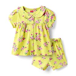 Babyhug Cotton Knit Half Sleeves Co-ord Shorts Night Suit With Floral Print - Yellow