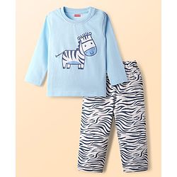 Babyhug Cotton Knit Full Sleeves Night Suit With Zebra Print - Light Blue
