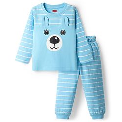 Babyhug Cotton Knit Full Sleeves Night Suit With Stripes & Bear Applique - Light Blue