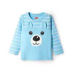 Babyhug Cotton Knit Full Sleeves Night Suit With Stripes & Bear Applique - Light Blue