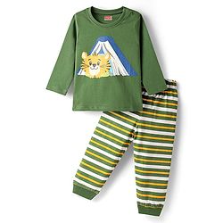 Babyhug Cotton Knit Full Sleeves Night Suit With Stripes & Animal Print - Olive Green & Yellow