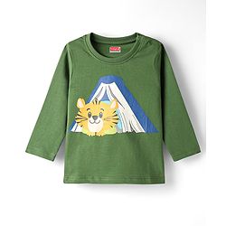 Babyhug Cotton Knit Full Sleeves Night Suit With Stripes & Animal Print - Olive Green & Yellow
